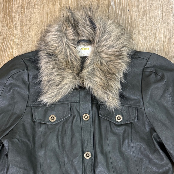 Anthropologie Maeve Kellie Olive Green Faux Leather Coat Removable Fur Collar - Picture 9 of 13